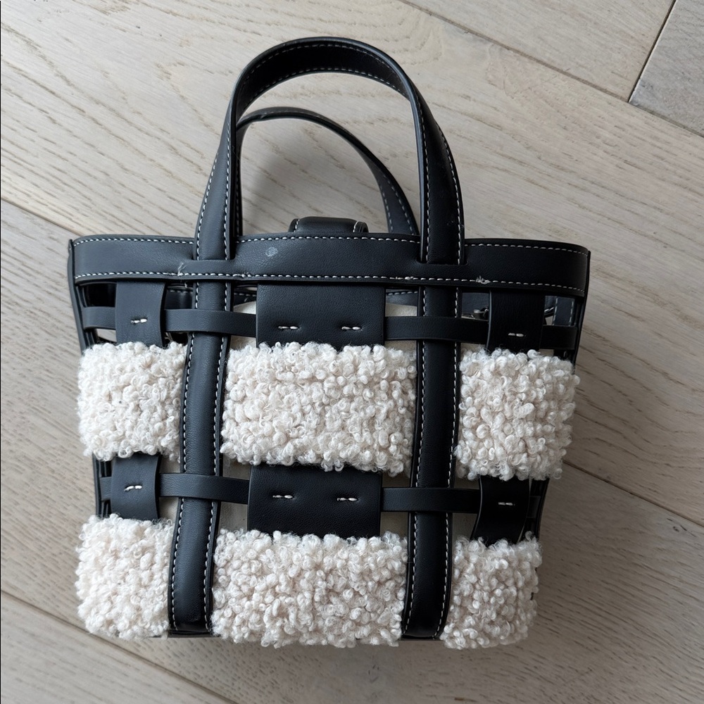 Leather-Trim Teddy Shearling Tote Bag in Black and Cream with Long Strap